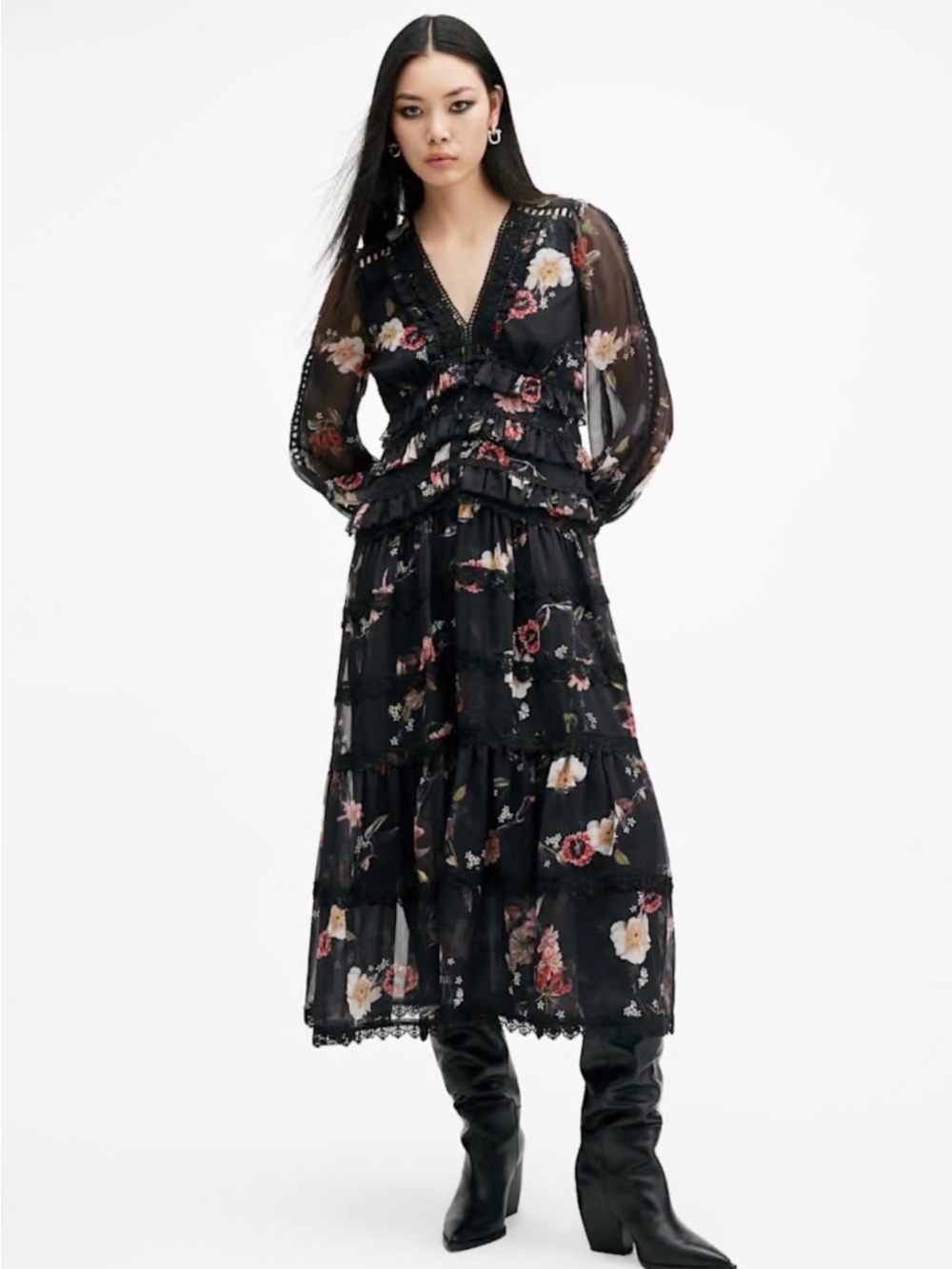 NEW ALL SAINTS Zora Floral Ruffle Midi Dress Size 2